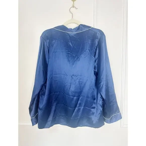 NWT 100% Silk Long Sleeve Navy Blue Pajama Set Size L - Picture 3 of 9